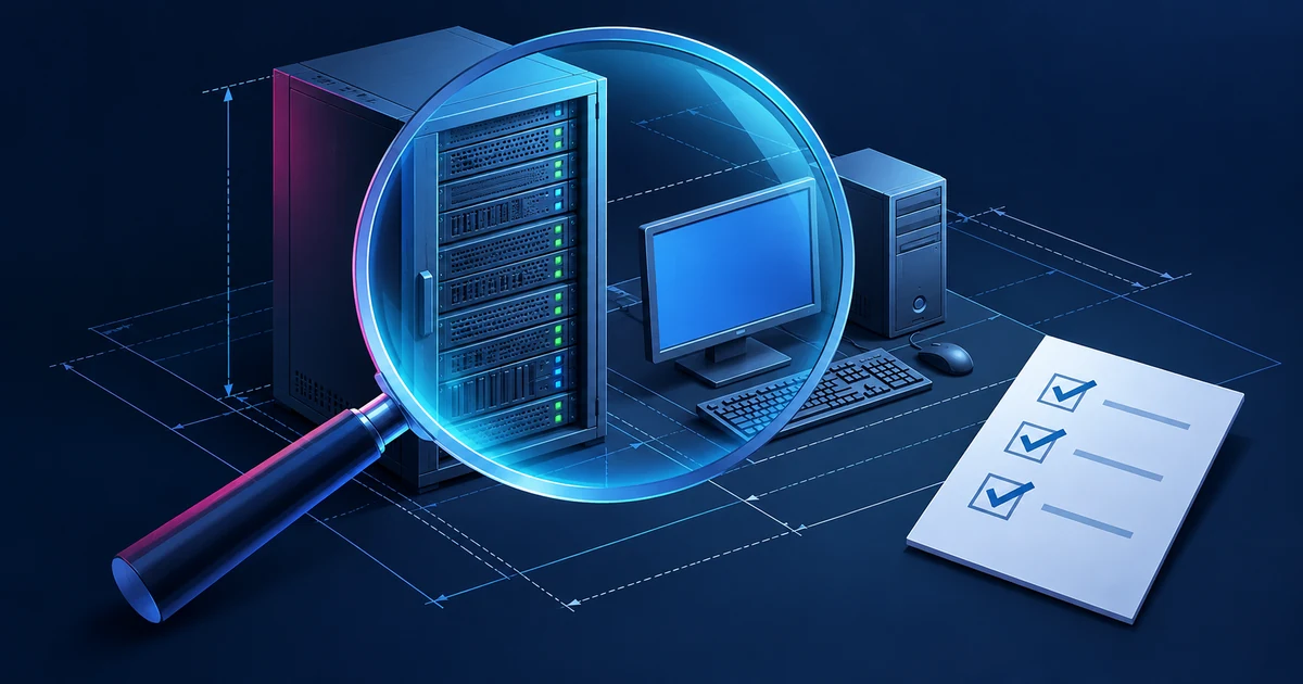 Illustration of checking servers, a desktop computer, and a checklist of requirements for document management